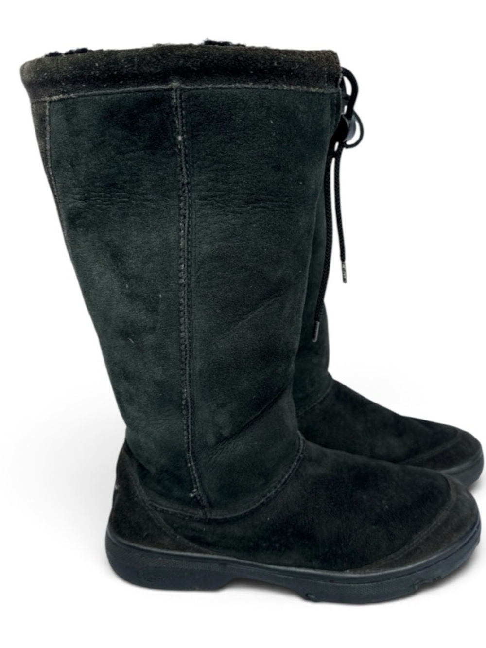 UGG Ultimate Tall Black Suede Mid-Calf Shearling Boots with Top Lace- 10